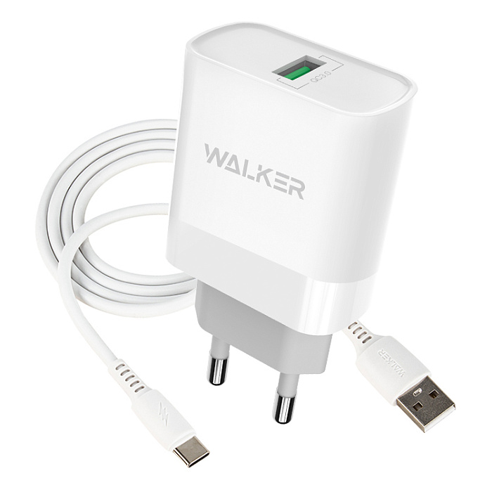 СЗУ WALKER WH-35, 2в1, 3А, 18Вт, USB, поддержка QC, + кабель Type-C, белое