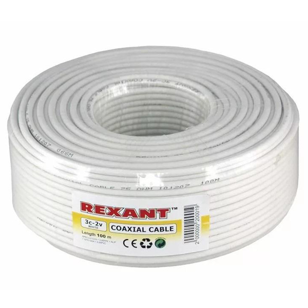 Кабель коаксиальный REXANT 3С-2V, 75 Ом, CCS/Al/Al, 48%, бухта 100 м, белый