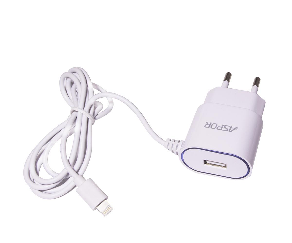 USB Power Adapter ASPOR A802 Plus Charger 2.4A,1.2м, 5V с кабелем Lightning (Цвет белый) 