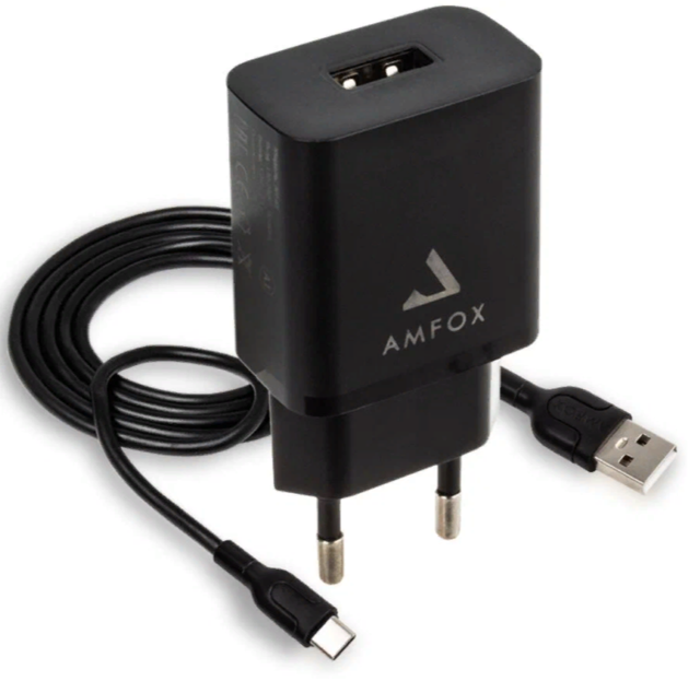 CЗУ AMFOX AH-45 USBx1, 2.1А/10,5Вт, блок + кабель microUSB, черный