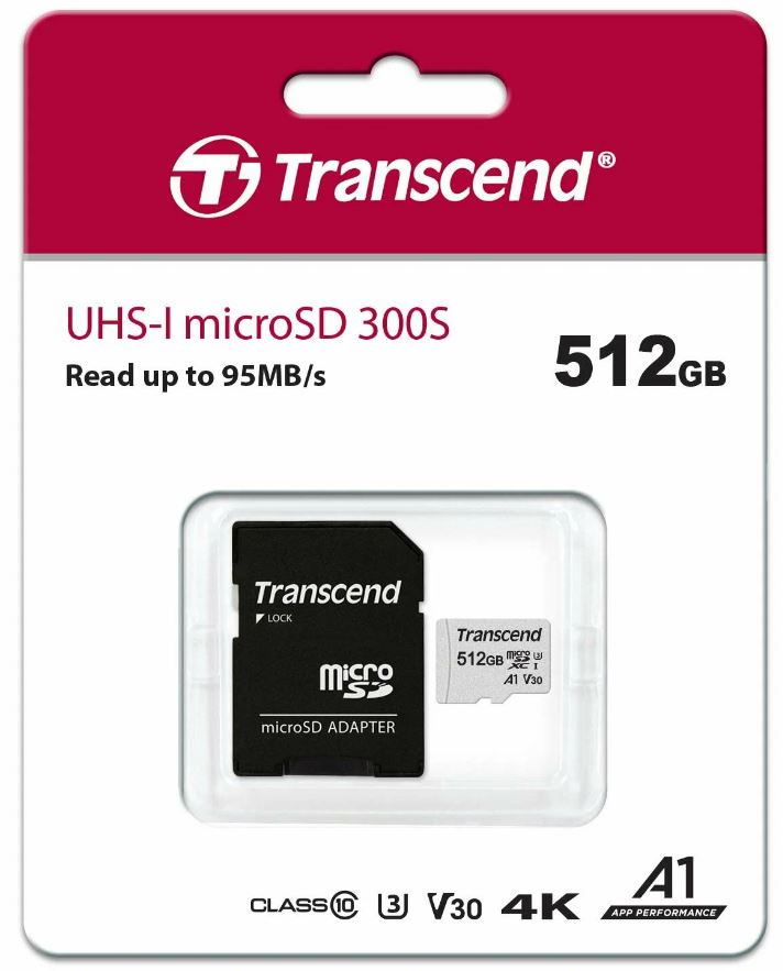 Карта памяти micro SDXC 512Gb 300S Class 10 + adapter Transcend (+адаптер SD)