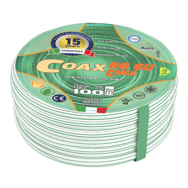Кабель COAX RG-6 U PLUS CCS/AI/AI (24%) 75 Ом, коаксиальный, белый (100м)