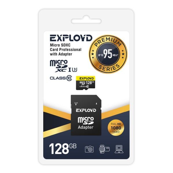 Карта памяти micro SDHC 128Gb Class 10 Premium UHS-I U3 (95 Mb/s) Exployd + SD адаптер