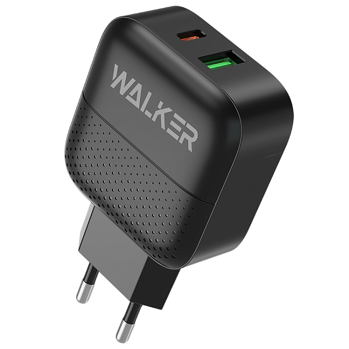 CЗУ WALKER WH-37 USBx1/Type-Cx1 (3.4А) 18Вт, блок, черное, быстрая зарядка QC 3.0+PD