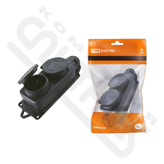 РОЗЕТКА ДВУХМЕСТНАЯ С ЗАГЛУШКАМИ КАУЧУК 2Р+РЕ 16А 250В IP44 TDM