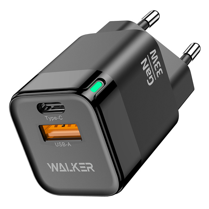СЗУ WALKER WH-43 GaN, 3А, 33Вт, USB/Type-C, поддержка QC+PD, черное
