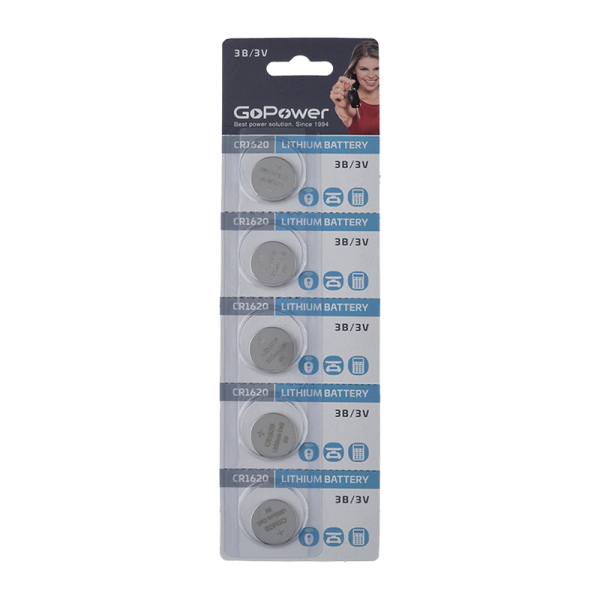 Батарейка GoPower CR1620 BL5 Lithium 3V (5/100/2000)