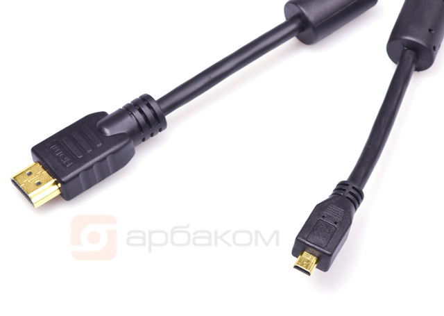 Шнур HDMI-micro шт - HDMI шт 1.5м , с ферритами,  (пластик-золото) Арбаком