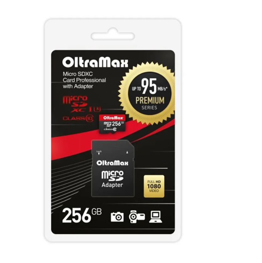 Карта памяти MicroSDXC Class 10 Premium UHS-I U3 256GB (95 Mb/s) OltraMax + SD адаптер