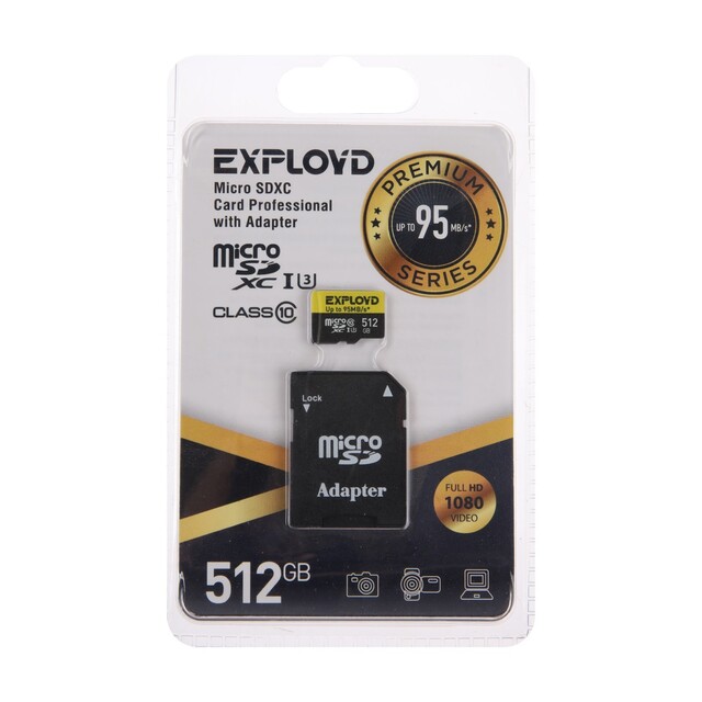 Карта памяти micro SDHC 512Gb Class 10 Premium UHS-I U3 (95 Mb/s) Exployd + SD адаптер
