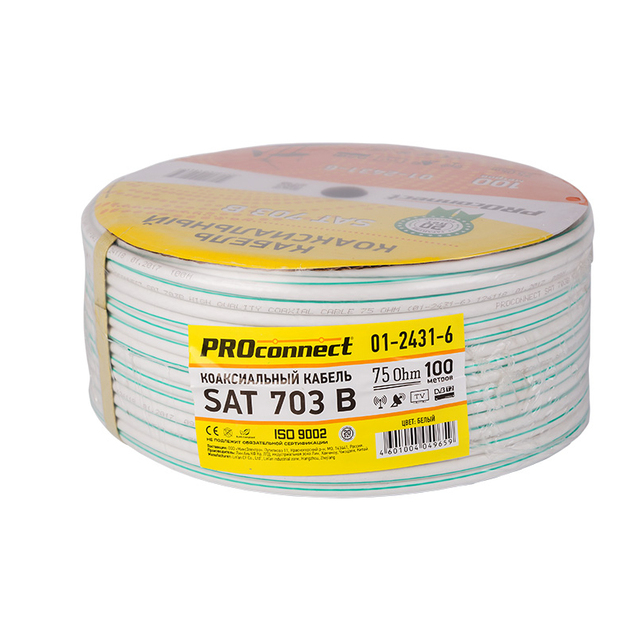 Кабель коаксиальный PROconnect SAT 703 B, Cu/Al/Cu, 64%, 75 Ом, бухта 100 м, белый