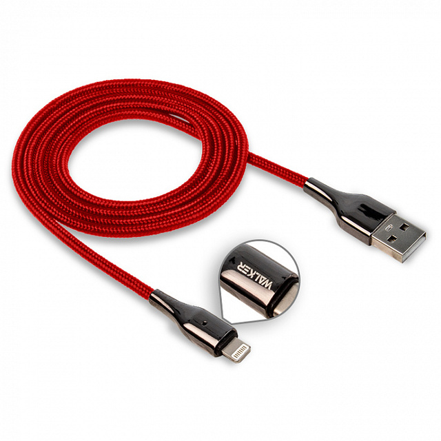 Кабель WALKER C930 Lightning - USB (3.1A), 1м, красный, в мат.обмотке, с индикатором, быстрый заряд
