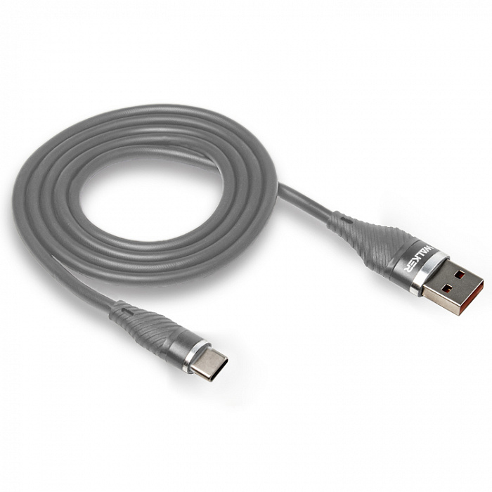 Кабель WALKER C735 Type-C - USB (3.1A), 1м, серый, прорезиненный, с металл. разъемом