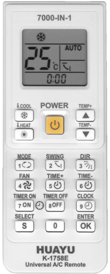 Пульт HUAYU K-1758E 7000 В 1 (KT-9018) для кoндициoнерoв, универсальный
