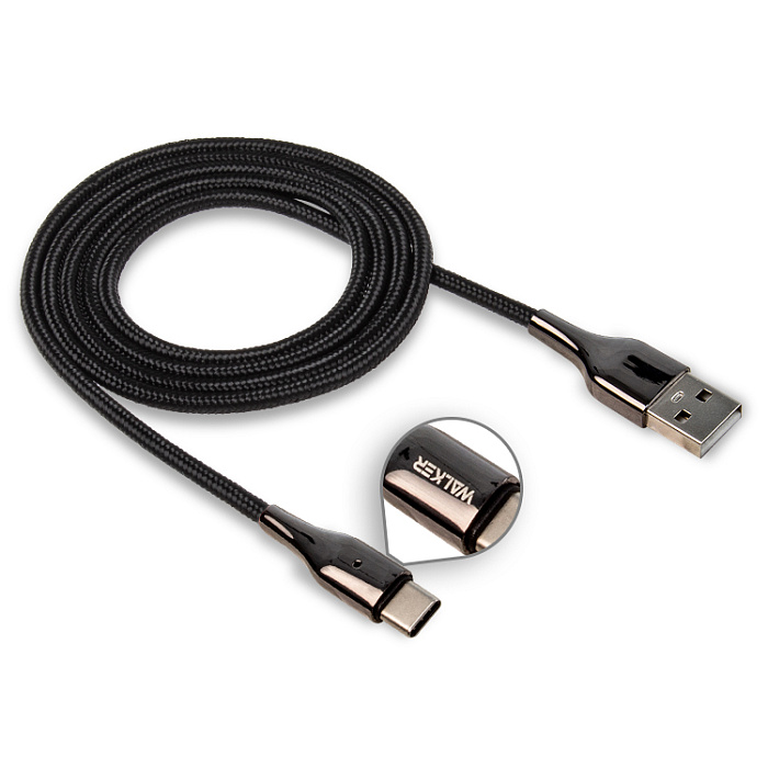 Кабель WALKER C930 Type-C - USB (3.1A), 1м, черный, в мат.обмотке, с индикатором