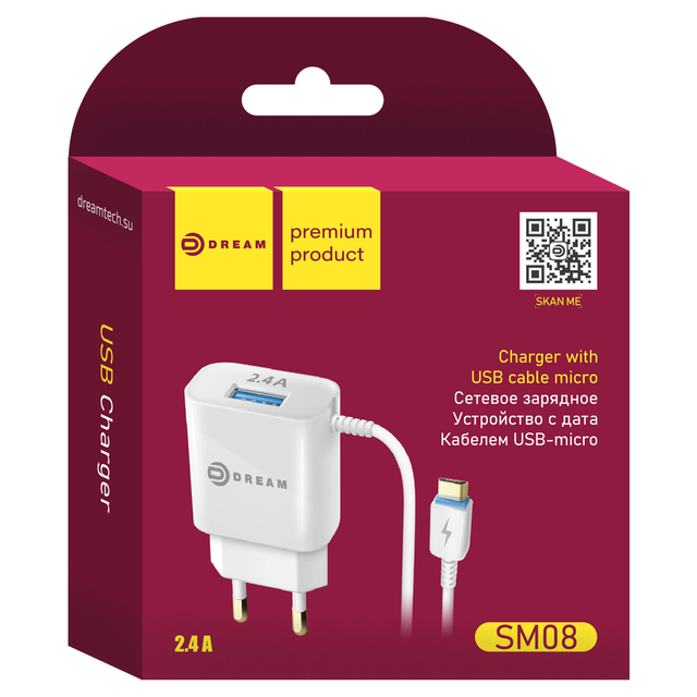 СЗУ SM08 USB 2.4A microUSB 1М белый DREAM