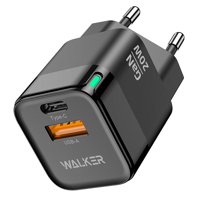СЗУ WALKER WH-42 GaN, 3А, 20Вт, USB/Type-C, поддержка QC+PD, черное