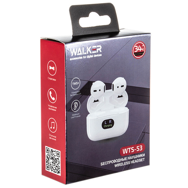 Наушники WALKER WTS-53, сенс. управление, независ. работа наушников, граф. индикатор заряд, белые