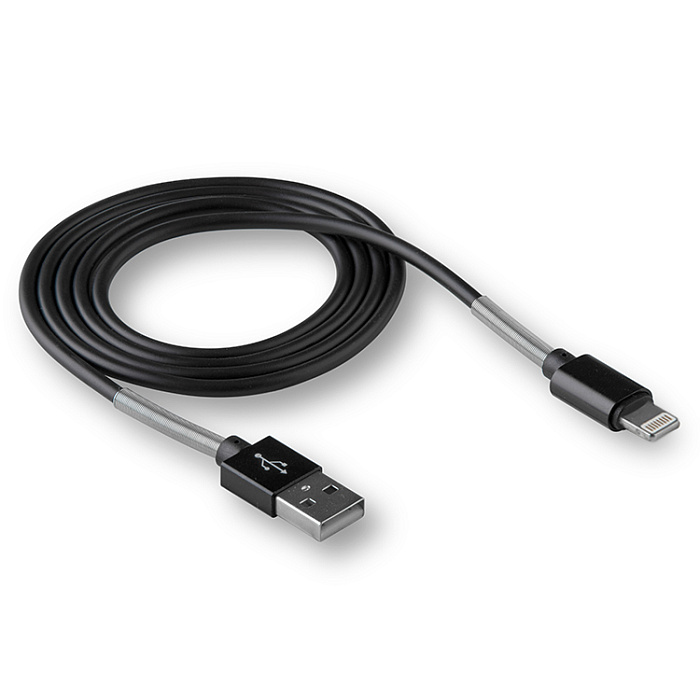 Кабель WALKER C720 Lightning - USB (2.4A), 1м, черный, с пружинами