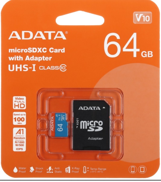 Карта памяти Adata Premier [microSDXC, A1, 64 Gb, 100 Mb/s,адаптер]