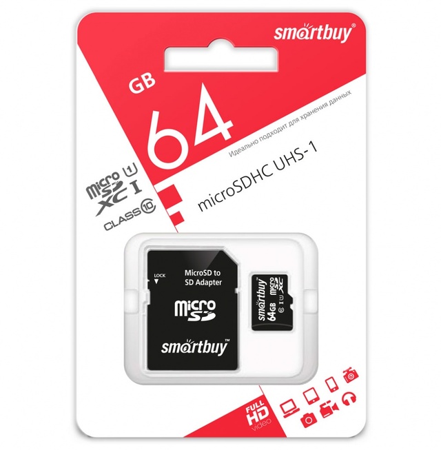 Карта памяти microSDHC SMARTBUY 64GB Class10 UHS-I (с адаптером SD)